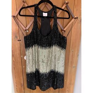 Parker black-white sequined sleeveless racer back silk cocktail dress